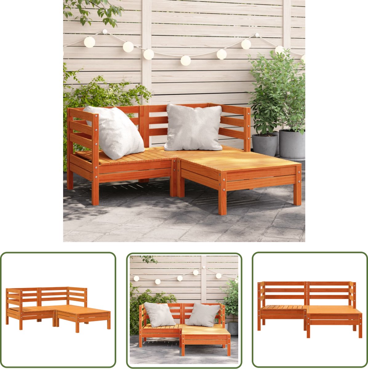 Modulaire grenenhouten tuinbank in teak met kussens, geschikt voor buitenruimtes zoals veranda's en balkons.