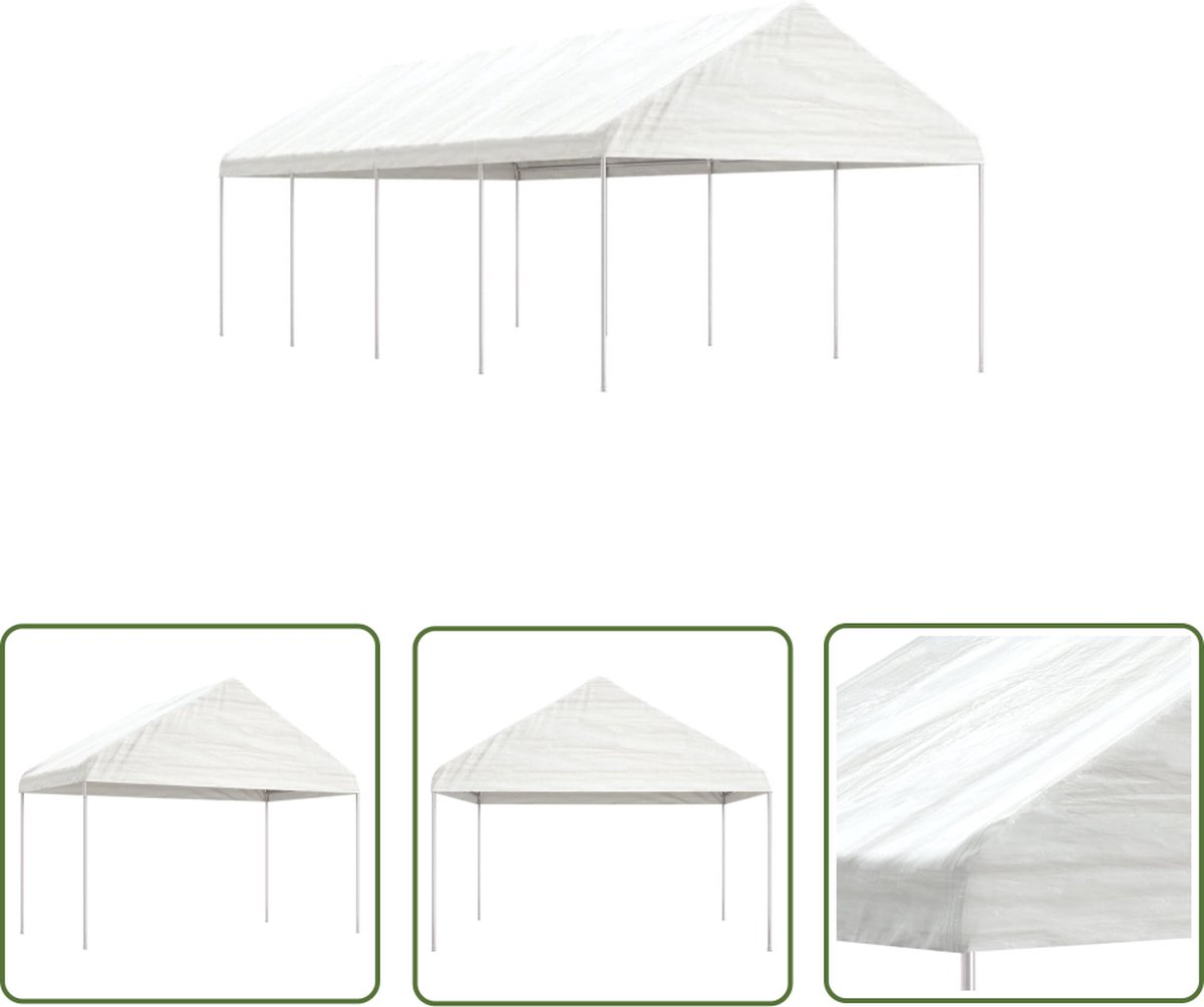 Elegante witte polyetheen partytent met dak, afmetingen 8,92x4,08x3,22 m, ideaal voor tuinfeesten en buitenterrassen.