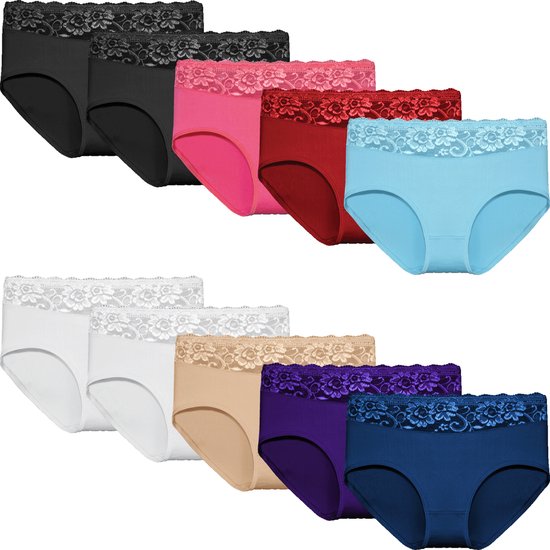 Dames Slip Kant - Katoen - Effen - Mix - 10-Pack - Maat XL - Fine Woman - 9060