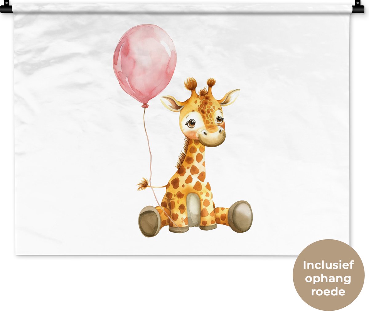 Wandkleed 90x67.5 cm - Wanddoek Giraf - Baby - Dieren - Roze ballon - Wandtapijt - Wandkleden