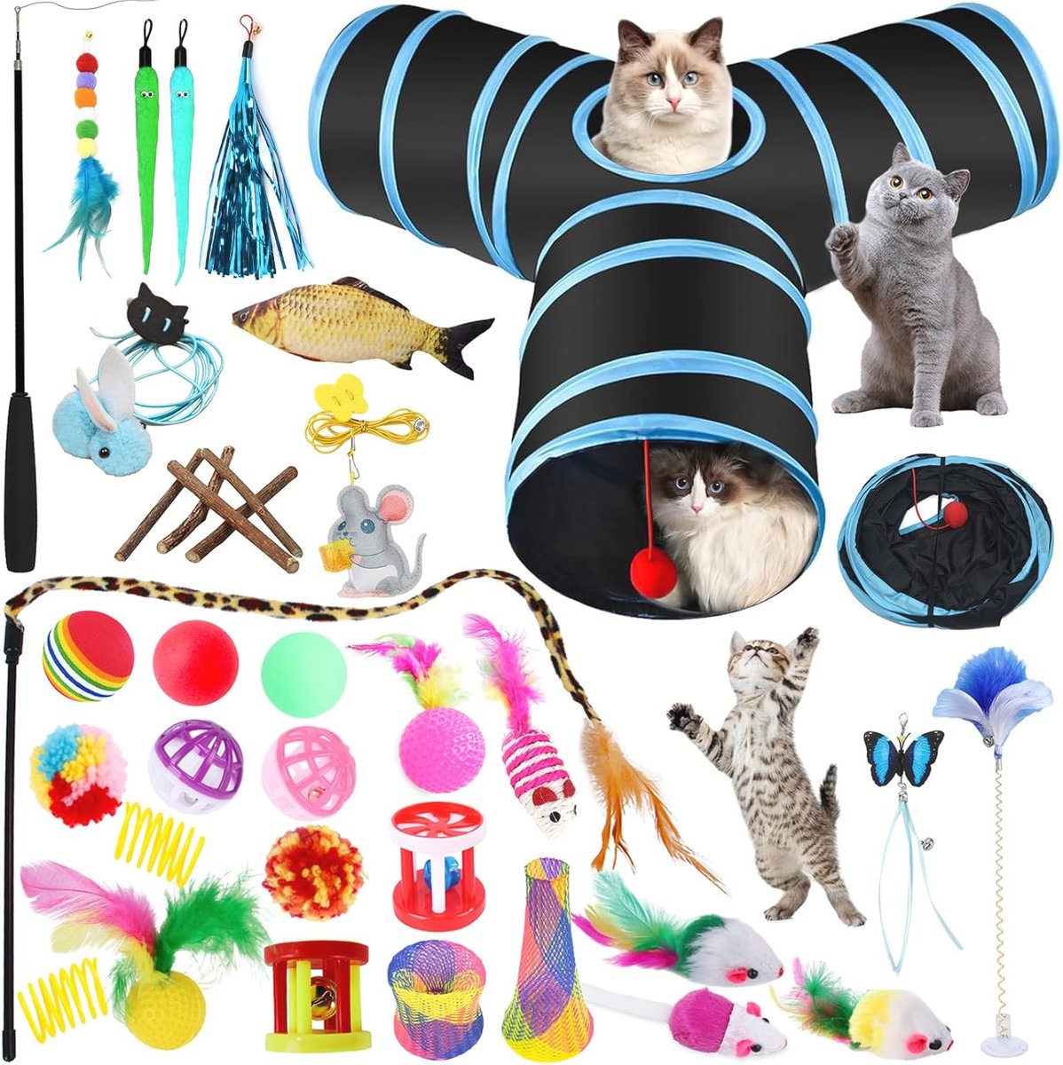 Bol.com Kattenspeelgoedset voor Binnen, 38 stukjes Inclusief Kattentunnel, Ballen, Stokken, Pluche Speelgoed en Meer aanbieding