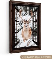 Peinture sur toile 60x90 cm - Décoration murale Cerf - Neige - Hiver - Forêt - Animaux - Transparent - Décoration murale murale salon - Décoration chambre - Accessoires de chambre - Peintures