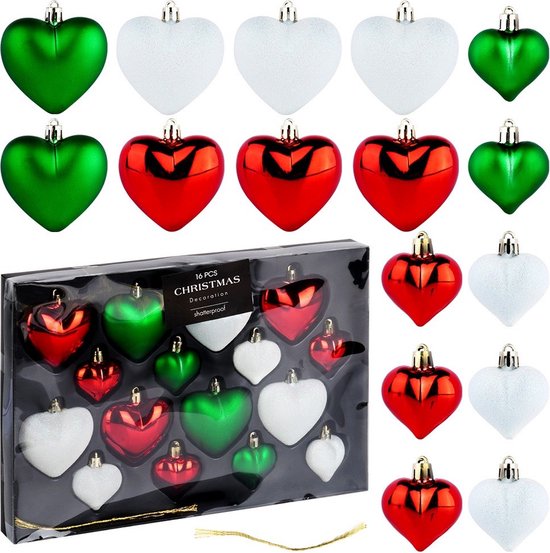 Set Boules de Noël Hartjes Incassables Rouge Wit Blanc 6,5/4,5 cm 16 pièces - Décoration de Noël