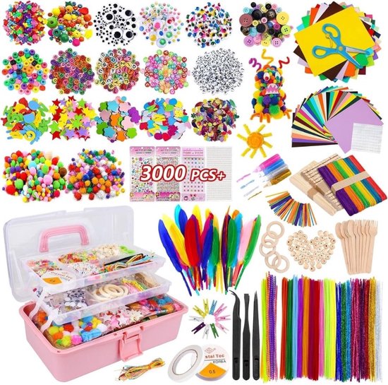 LINAYE 3000 Pcs knutselset voor kinderen, knutselbox knutselmateriaal set, knutselkoffer inclusief pompons, pijpenragers, scrapbooking, knutselen voor kinderen van 4 tot 10 jaar, geschenk voor jongens