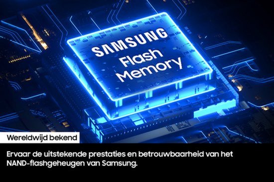 Glowende Samsung Flash Memory chip op een printplaat.