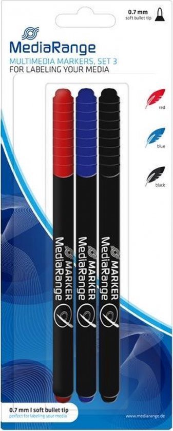 MediaRange Multimedia Markers, set van 3, met 0,7 mm zachte punt. Rood, blauw en zwart.