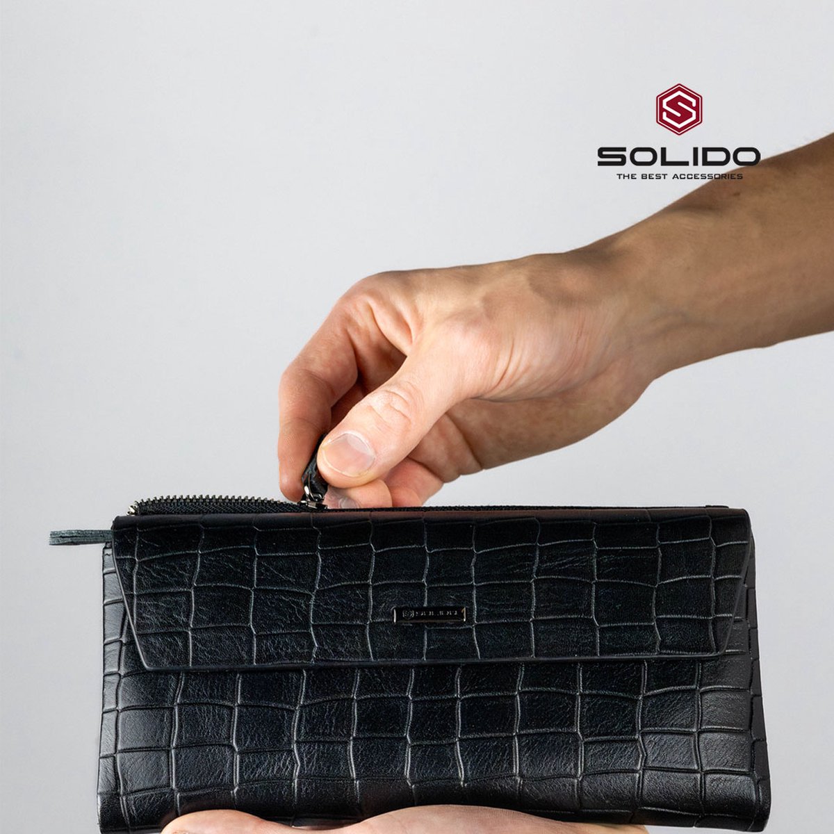 Solido Luxe Zwarte Heren Leren Clutch – Stijlvol Design met Ruim Hoofdvak, Ritsen en Opbergruimte voor Geld, Paspoort en Kaarten