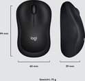 Zwart Logitech M220 muis met afmetingen 99mm x 60mm x 39mm, gewicht 75g.