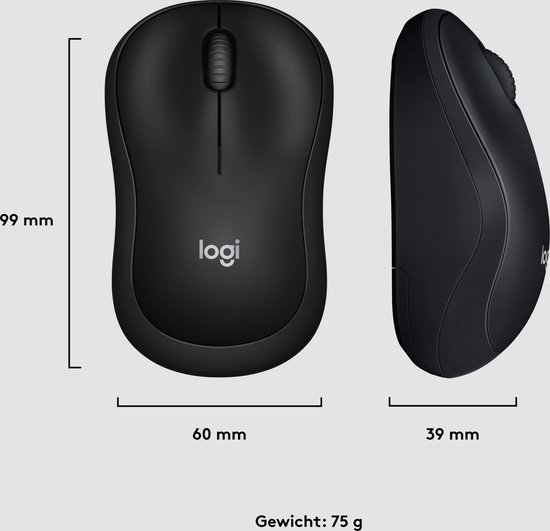 Zwart Logitech M220 muis met afmetingen 99mm x 60mm x 39mm, gewicht 75g.
