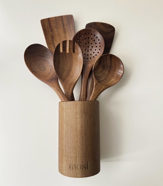 MOSI Home® Keukengerei set met houder | Teakhout | 7-delig | Ophangbaar | Cadeau tip / Spatelset / Keukenaccessoires / Kookgerei