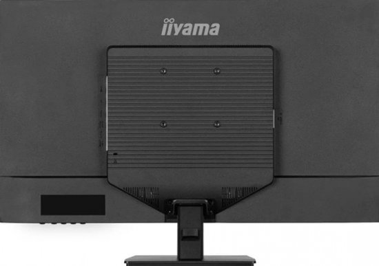 Achterkant van een zwarte monitor met een zwart bevestigingssysteem en Iiyama logo.