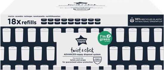 Tommee Tippee Twist & Click luieremmer navullingen - verpakking met 18 stuks - 18 x 10,5 m navulcassettes