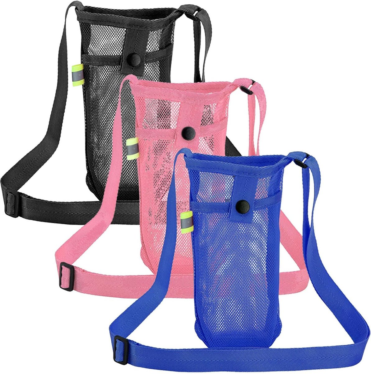 Set van 3 waterfleshouders, mesh waterfleshoezen met verstelbare schouderriem, draagbare drinkfleszak flessenhouder voor sport, wandelen, reizen, kamperen (zwart, roze, blauw)