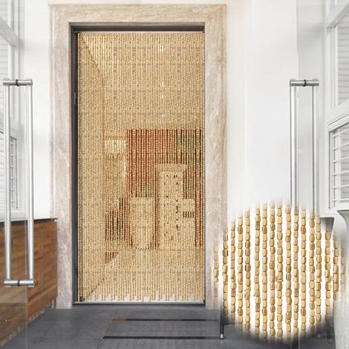 Decoratief parelgordijn voor deuren en ramen - Houten kralen, ruimteverdeler, en insectenwering - 90 x 120 cm