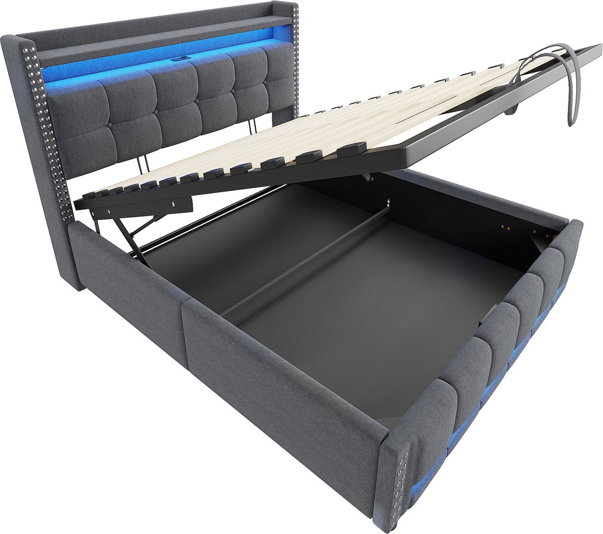 Merax Gestoffeerd Bed 160x200 cm – Tweepersoonsbed met LED en Opbergruimte – Grijs