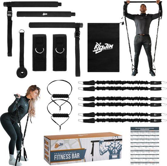 Bigjim Fitness Bar - Tot 120KG Verstelbaar - Inclusief training programma's - Duurzaam - Compact - Pilates Bar Set - Pilates Stick - Fitness Elastiek - Resistance Band Set - 95CM lang