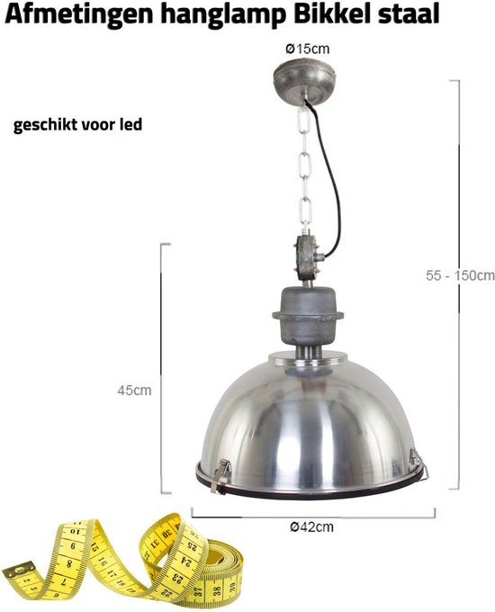 Lampe à suspension industrielle Bikkel | 1 lumière | Ø 42 cm | 150 cm | verre / métal | gris | table à manger / lampe de salon | design moderne / industriel