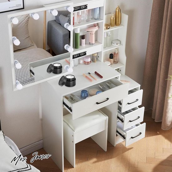 Cadciehe Kaptafel met schuifspiegel en verlichting, kaptafel voor slaapkamer, make-uptafel met laden en planken, verborgen opbergruimte, wit