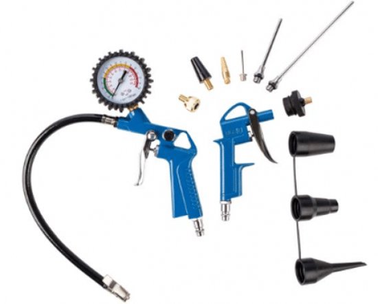 Workplus Pneumatische blaaspistool set - 13 delig - Incl. luchtpistool, bandenvulpistool met manometer en 11 accessoires