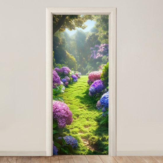 Deurposter 80x205 cm - Deursticker Natuur - Hortensia - Bloemen - Groen - Meubelfolie zelfklevend - Deurfolie woonkamer - Interieurfolie fotobehang - Deur plakfolie - Deurstickers - Deurbehang sticker - Kamer decoratie