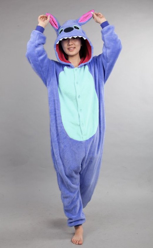 KIMU Onesie Stitch Pak - Maat 140-146 - Monster Jumpsuit Huispak Fleece Pyjama Kinderen Jongen Meisje Blauw Monstertje Lilo Alien Fleece Festival
