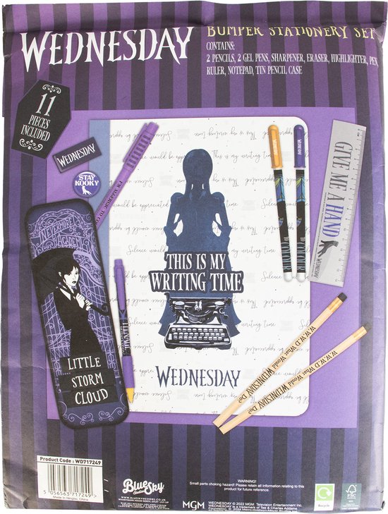 Wednesday Addams schrijfwarenset met 11 onderdelen waaronder pennen en potloden.