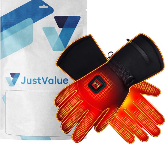 Zwarte verwarmde handschoenen en een verpakkingszakje met het JustValue logo.