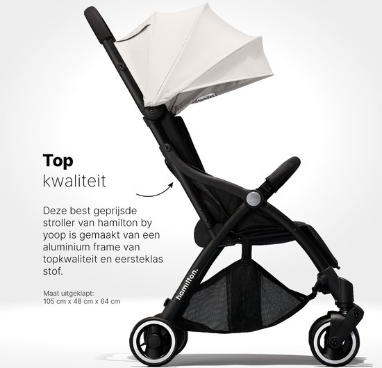 Zwarte Hamilton by Yoop buggy met beige kap, aluminium frame, 105x48x64cm.