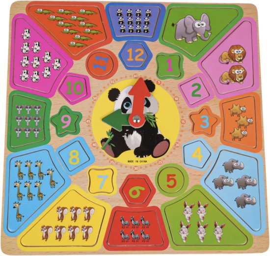 Playos® - Leerklok - Panda - met Leren Tellen - Houten Speelklok - Leren Klokkijken - Oefenklok - Educatief Spel - Motoriek - Montessori Speelgoed