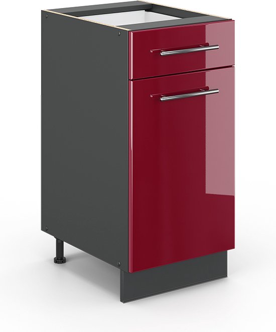 Vicco Élément bas de cuisine Fame- Line, Rouge bordeaux brillant / Grijs, 40 cm sans plan de travail