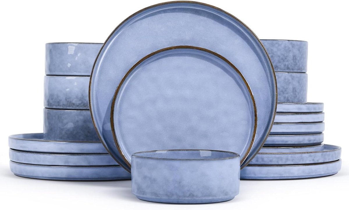 Image of 18-delig aardewerk tafelserviesset - mueslikommen, platte borden en dessertborden - vaatwasmachinebestendig en anti-kras - sereen blauw - voor 6 personen