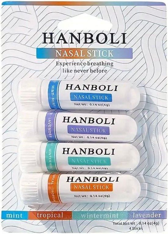 Hanboli - Neus inhaler - Neusinhaleersticks - Verfrissende Essentiele Sticks - Geursticks - Mint, Tropical, Wintermint en lavender - 4 stuks