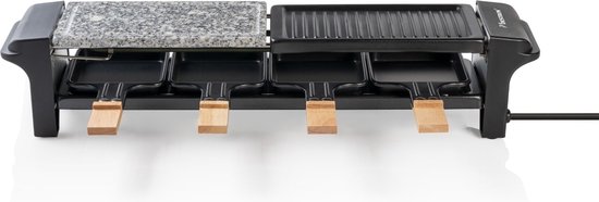 Bestron elektrische Gourmetstel, Raclette voor maximaal 4 personen, krasbestendige natuurlijke grillsteen & bakplaat met antiaanbakplaag, inclusief 4 pannen, 4 spatels & 4 Onderzetter, 650 Watt, kleur: zwart/hout. — afbeelding 5