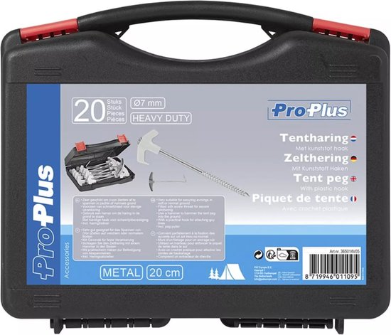 Zwarte koffer met haringen, met tekst 'ProPlus Tent Haring 20cm Metalen Haringen'.