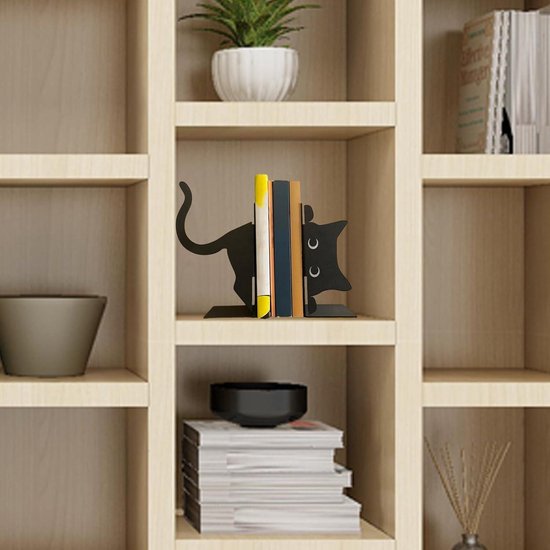 Nevolis Cat Bookshelf Holder - Cat Bookends Shelves - 1 Pair Unique Bookends to Hold Books - Creative Black Metal - Cute Cat Shape - Heavy Duty - Book Stopper .