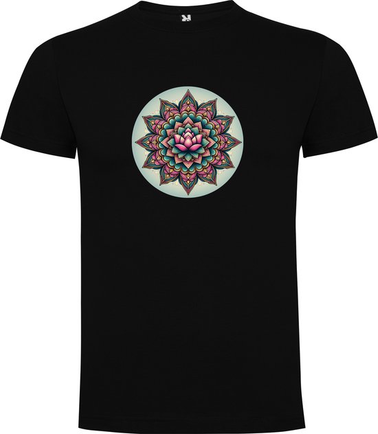 Zwart T-Shirt met “Kleurrijke Mandala – Roze Groen – Lotusbloem “ Print Full Color Maat 2XL