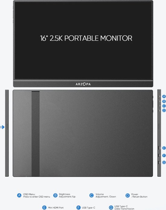 16″ Arzopa Z1RC draagbare 2K monitor 2560×1600 IPS HDR USB-C Mini HDMI ultradun lichtgewicht