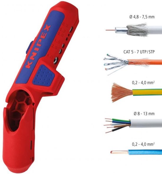 Illustratie van de rode kabelstripper met blauwe details en maatmarkeringen, naast verschillende kabels die het kan strippen.