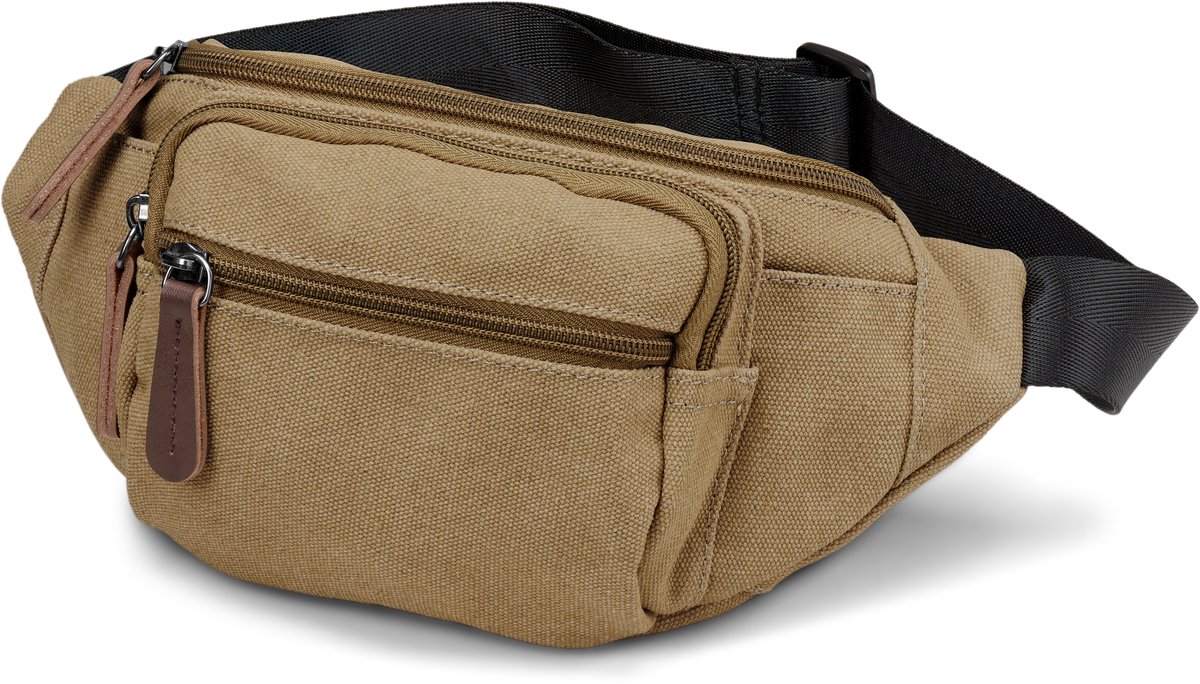Heuptas van mosterdgeel canvas en bruin leer
