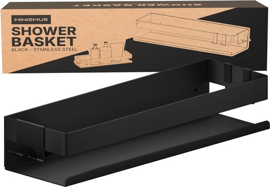 Zwart doucherekje van Minismus, gemaakt van roestvrij staal. Tekst op de doos: 'SHOWER BASKET BLACK - STAINLESS STEEL'.