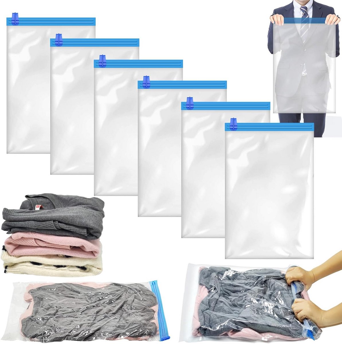 6 Vacuümzakken voor Kleding en Reizen - Oprolbaar en Ruimtebesparend