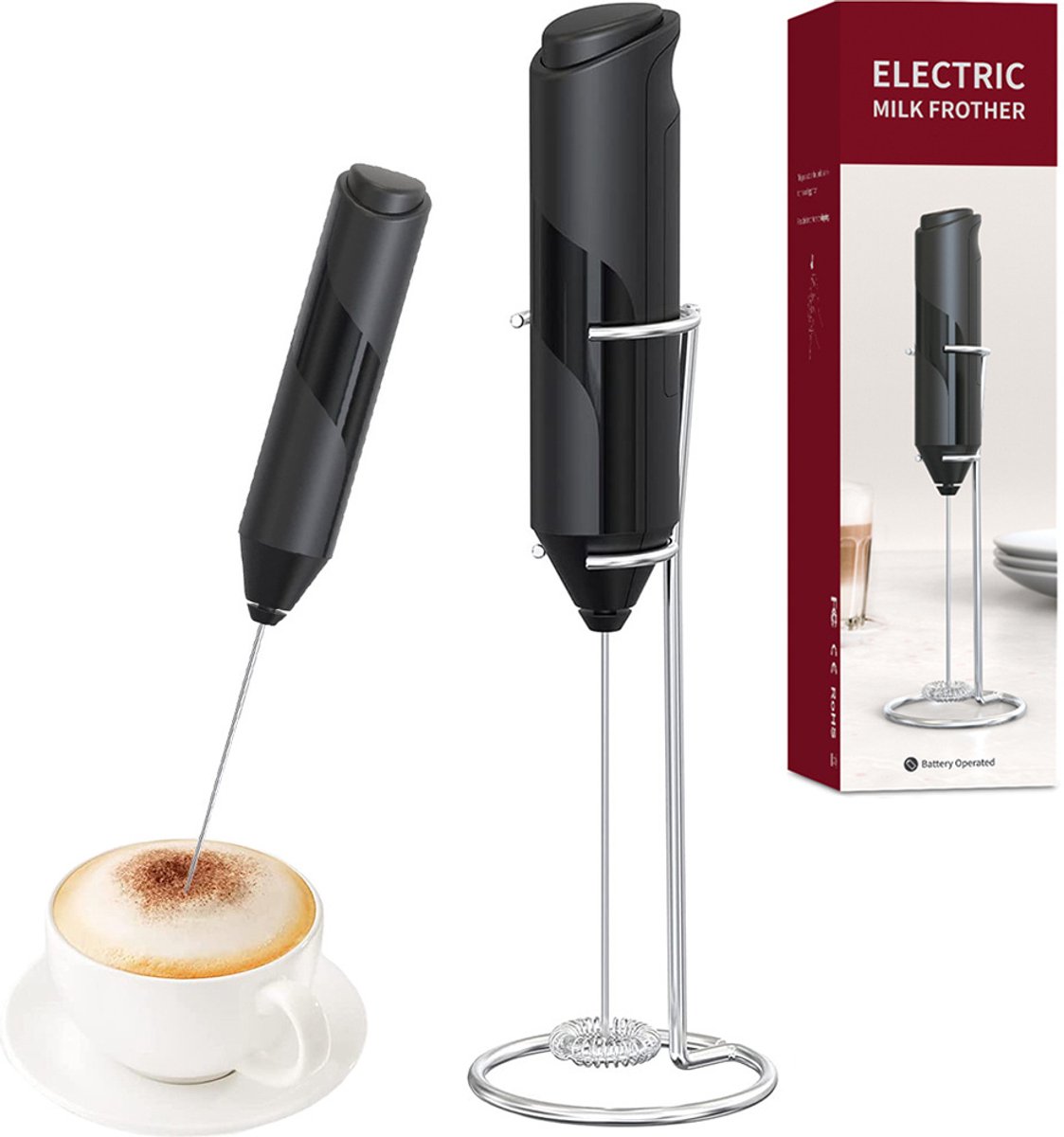 Handmatige Melkopschuimer met Standaard – Mini Batterij Klopper voor Koffie, Cappuccino & Latte – Zwart – melkopschuimer – Koffie Mini Mixer Met Houder – Handig op de Camping – RVS – 34645