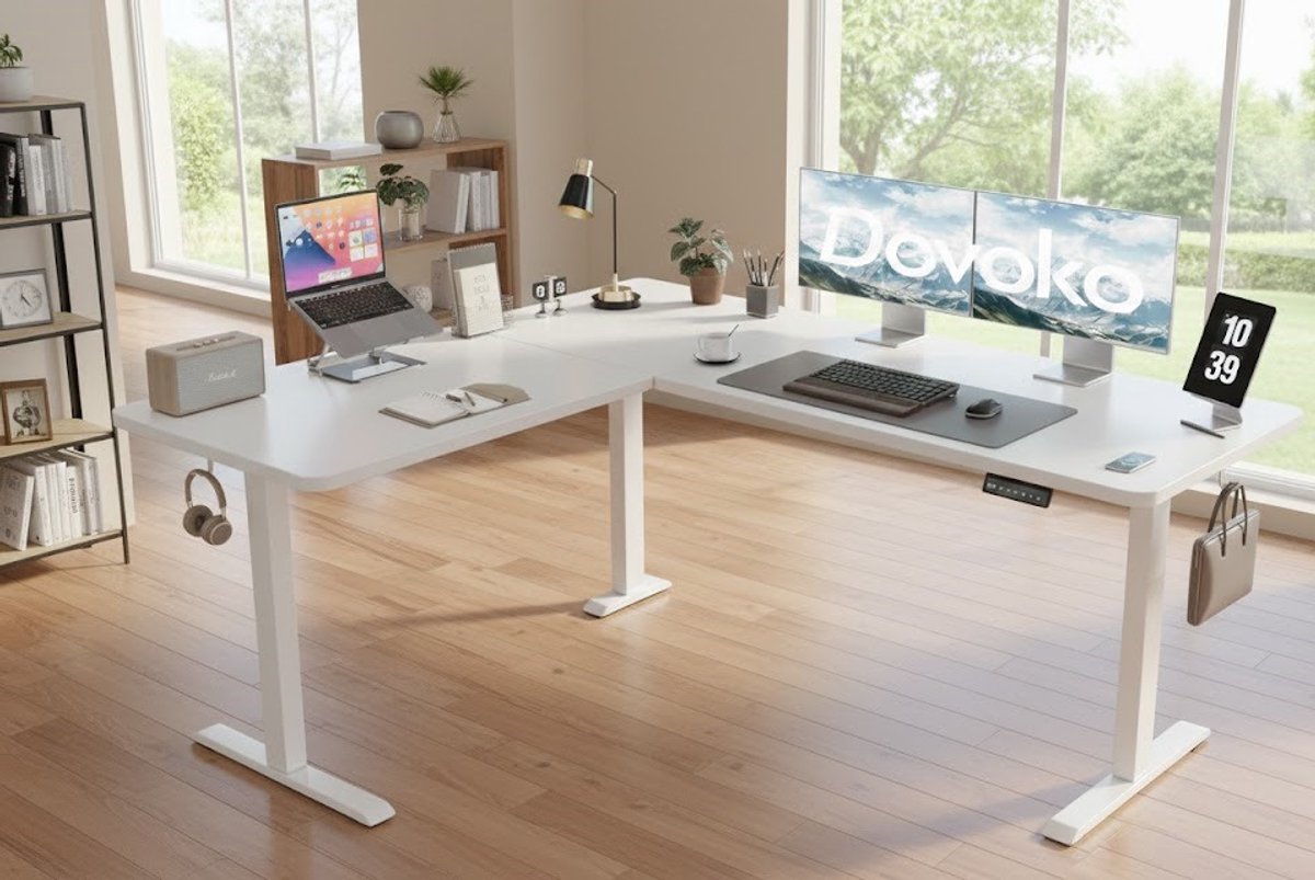 Ergonomisch L-vormig Elektrisch Bureau – In Hoogte Verstelbaar 72-118 cm – Thuiskantoor & Gaming Bureau – Stabiel & Duurzaam – Wit – A-Furniture