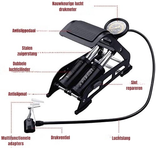 Aura® Fietspomp met Drukmeter - Fietspomp Klein - Fietspomp Handmatig - met Hoge Druk Buffer - Handmatige Luchtpomp - 120 Psi Max - Zwart - 32cm x 14cm x 10cm — afbeelding 4