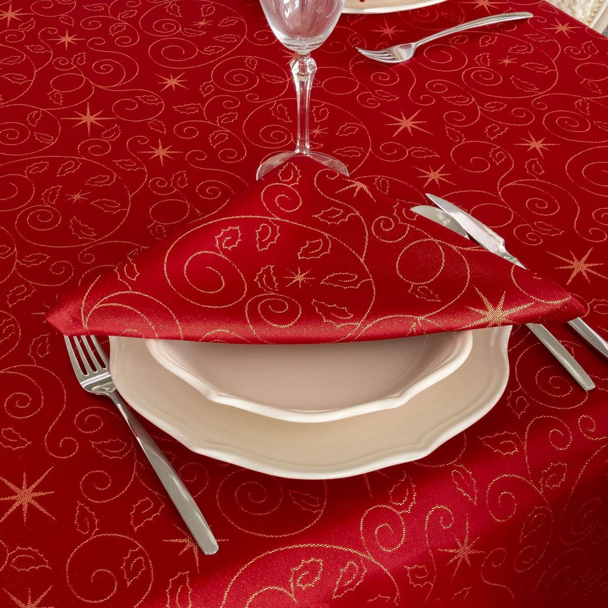 Rood Tafelkleed en Servetten met Kerststerren Patroon Antivlek