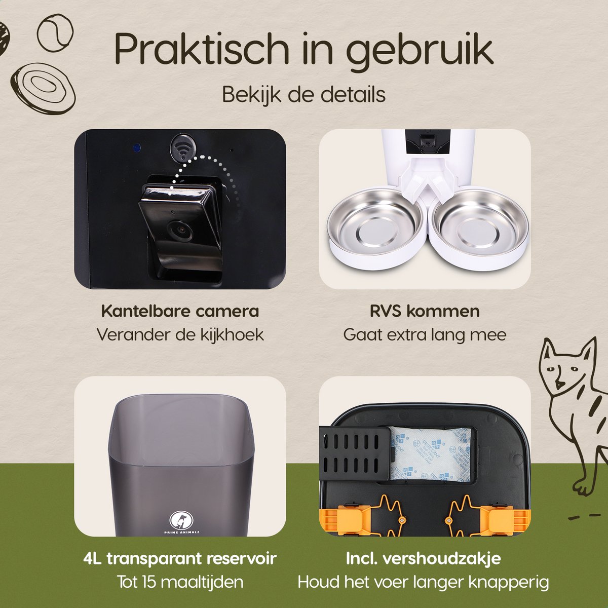 Automatische Voerbak Kat en Hond 4L Premium Upgraded – Slimme Voerdispenser met Camera – Full HD 1080P Night Vision – Two-Way Audio – RVS Dubbele en Enkele Voerbak – App-bediening – Voerschema Instellen – Prime AnimalZ – Wit thumbnail 3