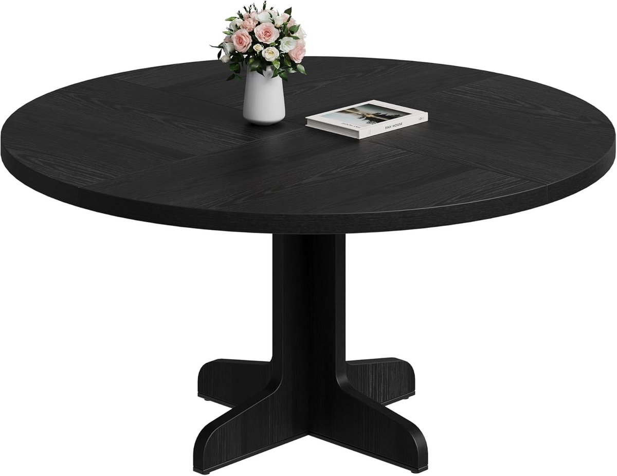 Eettafel rond 120 cm voor 4 personen - zwarte ronde eettafel met houten kruisvoet - 120x12
