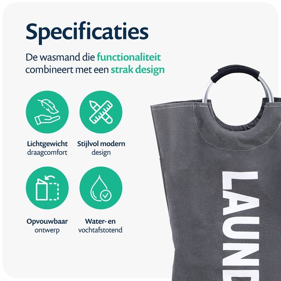 Grijze wasmand met "LAUNDRY" tekst, lichtgewicht, modern en waterafstotend.