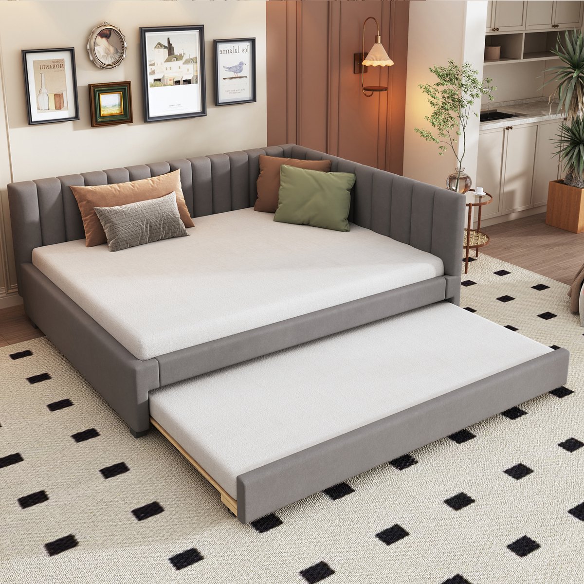 REDOM gestoffeerd bed 140x200 cm – Fluweel grijs – Uitschuifbaar onderbed, lattenbodem – 1