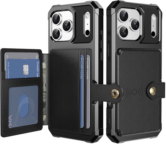 Zwart iPhone hoesje met kaarthouder, zowel gesloten als geopend met creditcards.